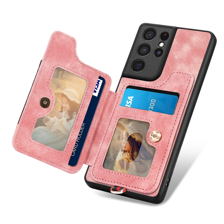 For Samsung Galaxy S21 Ultra 5G Retro Skin-feel Ring Multi-card Wallet Phone Case(Pink) For Samsung Galaxy S21 Ultra 5G Retro Skin-feel Ring Multi-card Wallet Phone Case(Pink)