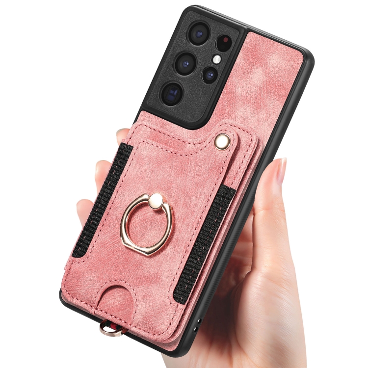 For Samsung Galaxy S21 Ultra 5G Retro Skin-feel Ring Multi-card Wallet Phone Case(Pink) For Samsung Galaxy S21 Ultra 5G Retro Skin-feel Ring Multi-card Wallet Phone Case(Pink)