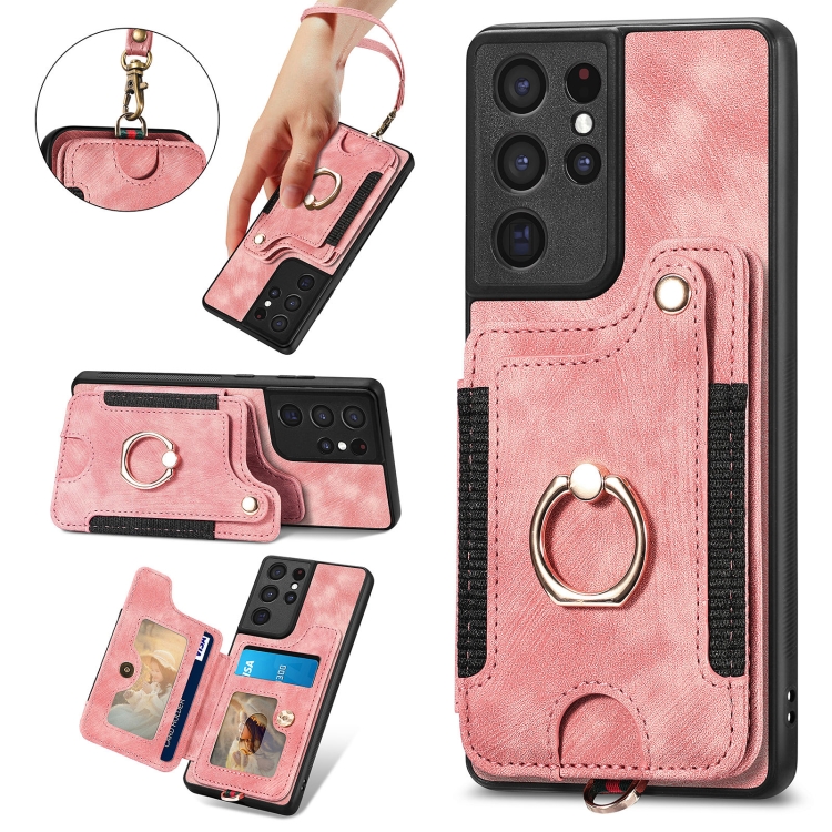 For Samsung Galaxy S21 Ultra 5G Retro Skin-feel Ring Multi-card Wallet Phone Case(Pink) For Samsung Galaxy S21 Ultra 5G Retro Skin-feel Ring Multi-card Wallet Phone Case(Pink)