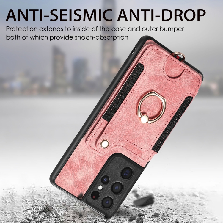 For Samsung Galaxy S21 Ultra 5G Retro Skin-feel Ring Multi-card Wallet Phone Case(Pink) For Samsung Galaxy S21 Ultra 5G Retro Skin-feel Ring Multi-card Wallet Phone Case(Pink)