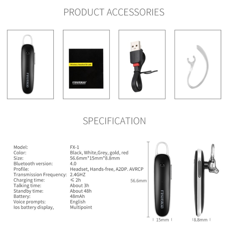 Fineblue FX-2 Bluetooth 4.0 Wireless Stereo Headset Earphones With Mic Black