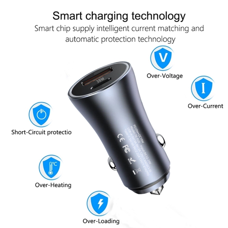 P20 38W PD3.0 20W + QC3.0 USB Safety Hammer Car Charger(Silver Gray) P20 38W PD3.0 20W + QC3.0 USB Safety Hammer Car Charger(Silver Gray)