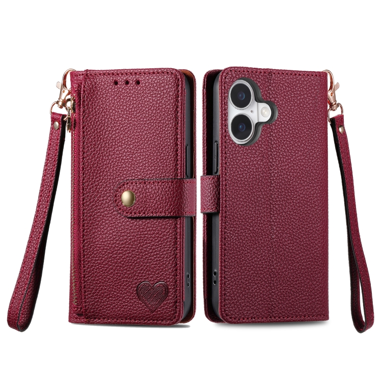 For iPhone 16 Love Zipper Lanyard Leather Phone Case(Red) For iPhone 16 Love Zipper Lanyard Leather Phone Case(Red)