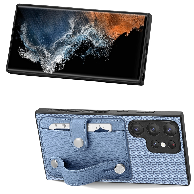 For Samsung Galaxy S23 Ultra 5G Wristband Kickstand Wallet Back Phone Case with Tool Knife(Blue)