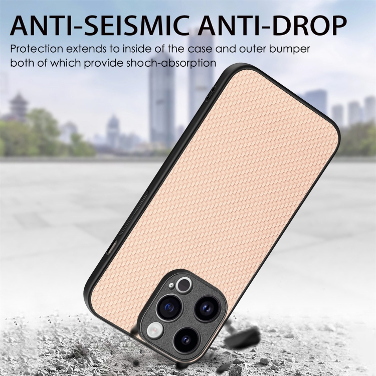 For iPhone 15 Pro Carbon Fiber Texture Leather Back Phone Case(Khaki) For iPhone 15 Pro Carbon Fiber Texture Leather Back Phone Case(Khaki)