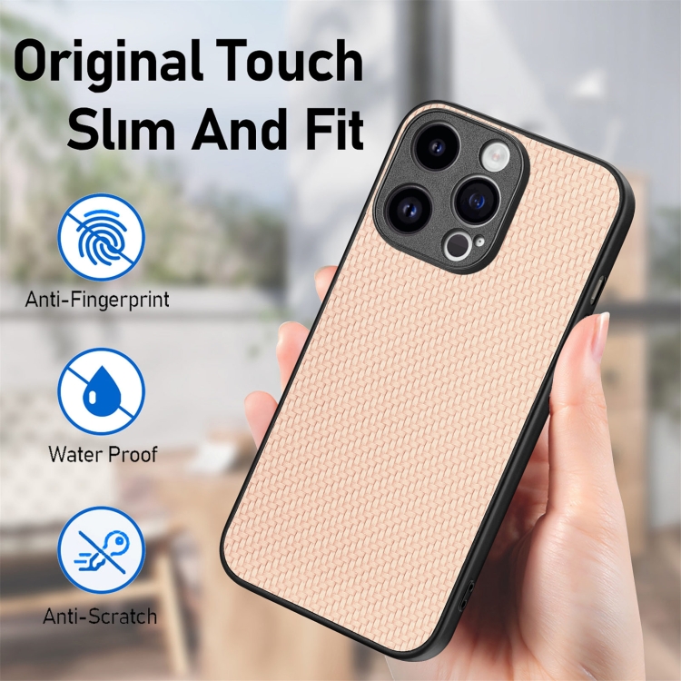 For iPhone 15 Pro Carbon Fiber Texture Leather Back Phone Case(Khaki) For iPhone 15 Pro Carbon Fiber Texture Leather Back Phone Case(Khaki)