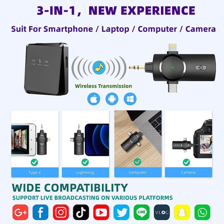 Mini micrófono Lavalier inalámbrico 3 en 1 uno por dos para cámara iPhone / iPad / Android / PC - B3