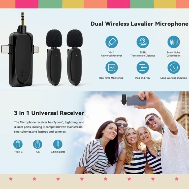 Uno por dos 3 en 1 Mini micrófonos de solapa inalámbricos para iPhone / Android / Cámara con función de reducción de ruido - B8