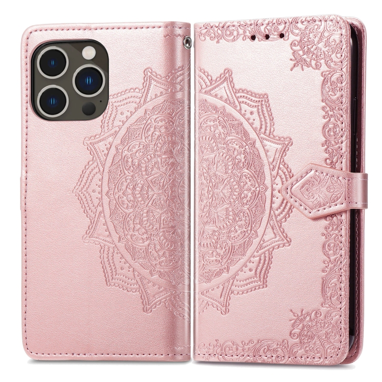 For iPhone 15 Pro Max Mandala Flower Embossed Leather Phone Case(Rose Gold) For iPhone 15 Pro Max Mandala Flower Embossed Leather Phone Case(Rose Gold)