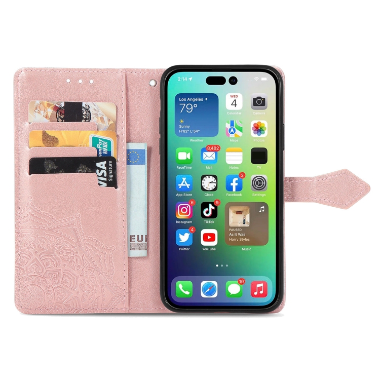 For iPhone 15 Pro Max Mandala Flower Embossed Leather Phone Case(Rose Gold) For iPhone 15 Pro Max Mandala Flower Embossed Leather Phone Case(Rose Gold)