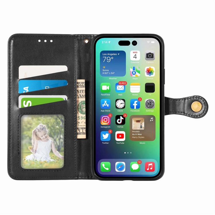 For  iPhone 15 Pro Max Retro Solid Color Buckle Leather Phone Case(Black) - 2