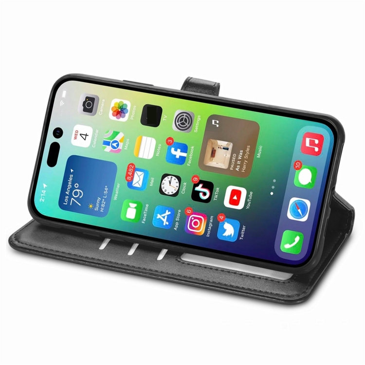 For  iPhone 15 Pro Max Retro Solid Color Buckle Leather Phone Case(Black) - 3