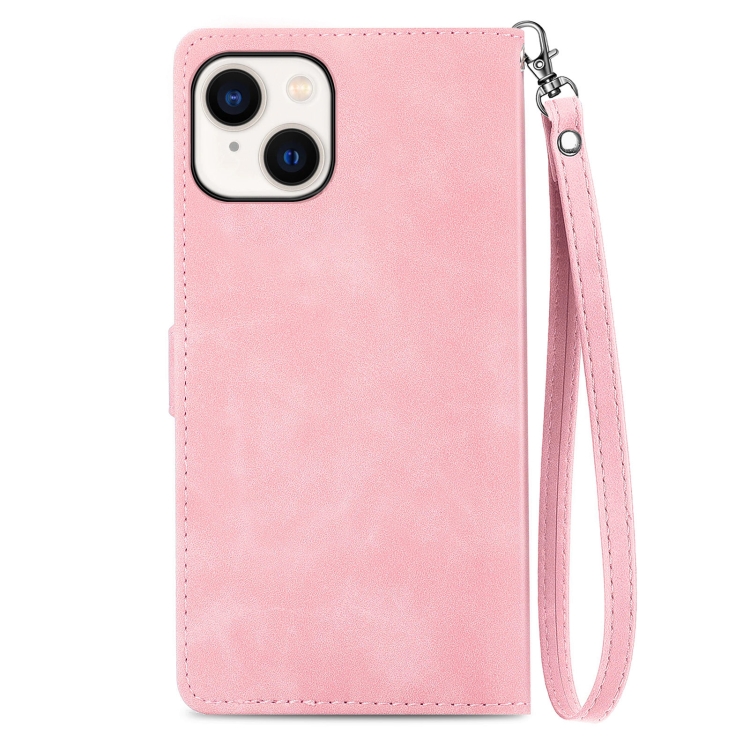 For iPhone 15 Plus Embossed Flower Zipper Leather Phone Case(Pink) For iPhone 15 Plus Embossed Flower Zipper Leather Phone Case(Pink)