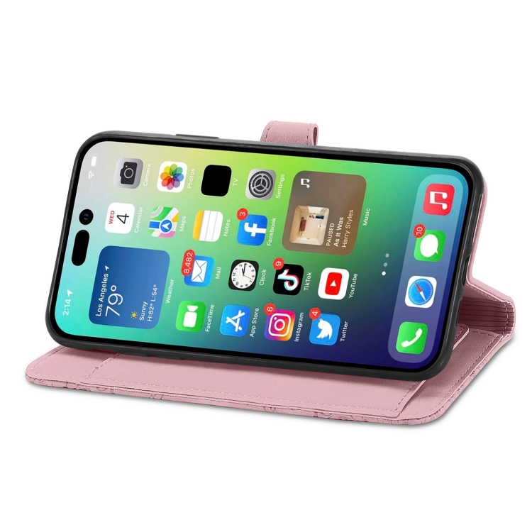 For iPhone 15 Plus Embossed Flower Zipper Leather Phone Case(Pink) For iPhone 15 Plus Embossed Flower Zipper Leather Phone Case(Pink)