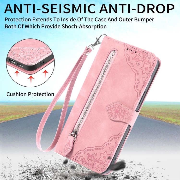 For iPhone 15 Plus Embossed Flower Zipper Leather Phone Case(Pink) For iPhone 15 Plus Embossed Flower Zipper Leather Phone Case(Pink)