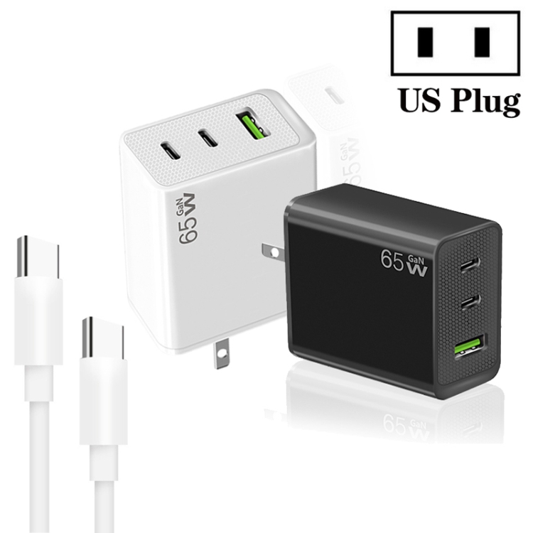 GaN PD65W Type-C x 2 + USB3.0 Charger with Type-C to Type-C Data Cable ,US Plug(White) GaN PD65W Type-C x 2 + USB3.0 Charger with Type-C to Type-C Data Cable ,US Plug(White)