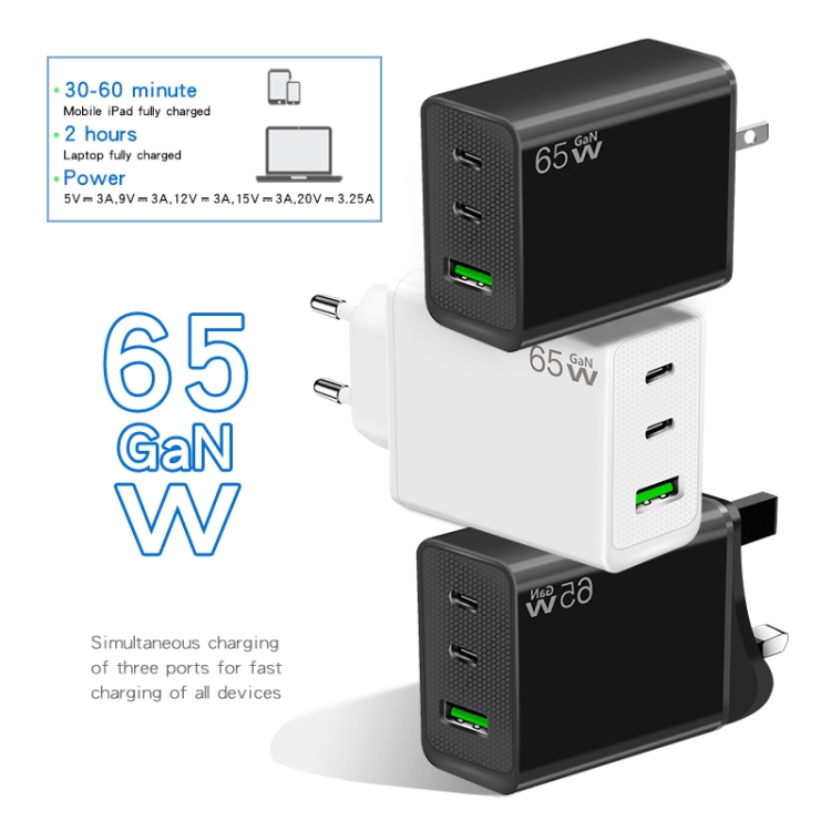 GaN PD65W Type-C x 2 + USB3.0 Charger with Type-C to Type-C Data Cable ,US Plug(White) GaN PD65W Type-C x 2 + USB3.0 Charger with Type-C to Type-C Data Cable ,US Plug(White)