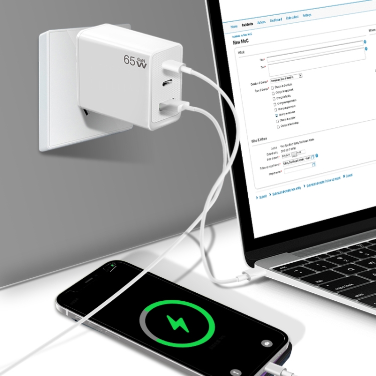 GaN PD65W Type-C x 2 + USB3.0 Charger with Type-C to Type-C Data Cable ,US Plug(White) GaN PD65W Type-C x 2 + USB3.0 Charger with Type-C to Type-C Data Cable ,US Plug(White)