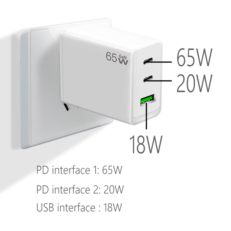 GaN PD65W Type-C x 2 + USB3.0 Charger with Type-C to Type-C Data Cable ,US Plug(White) GaN PD65W Type-C x 2 + USB3.0 Charger with Type-C to Type-C Data Cable ,US Plug(White)