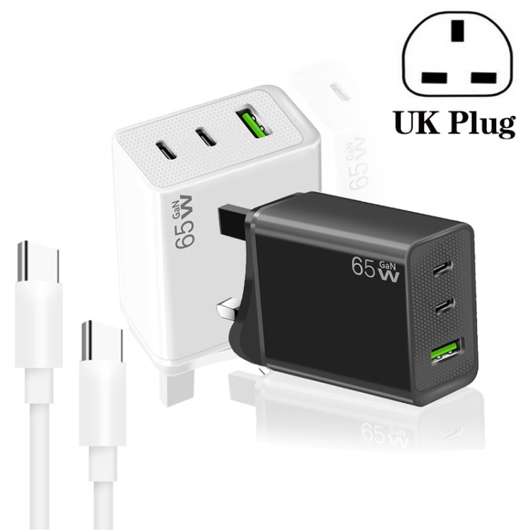 GaN PD65W Type-C x 2 + USB3.0 Charger with Type-C to Type-C Data Cable ,UK Plug(Black) GaN PD65W Type-C x 2 + USB3.0 Charger with Type-C to Type-C Data Cable ,UK Plug(Black)