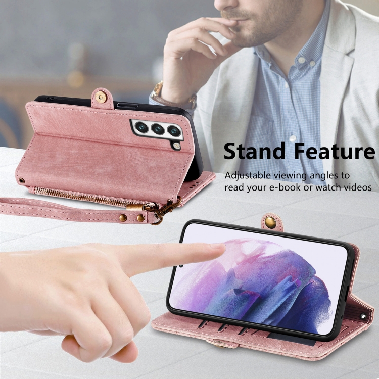 For Samsung Galaxy S23 5G Geometric Zipper Wallet Side Buckle Leather Phone Case(Pink) For Samsung Galaxy S23 5G Geometric Zipper Wallet Side Buckle Leather Phone Case(Pink)