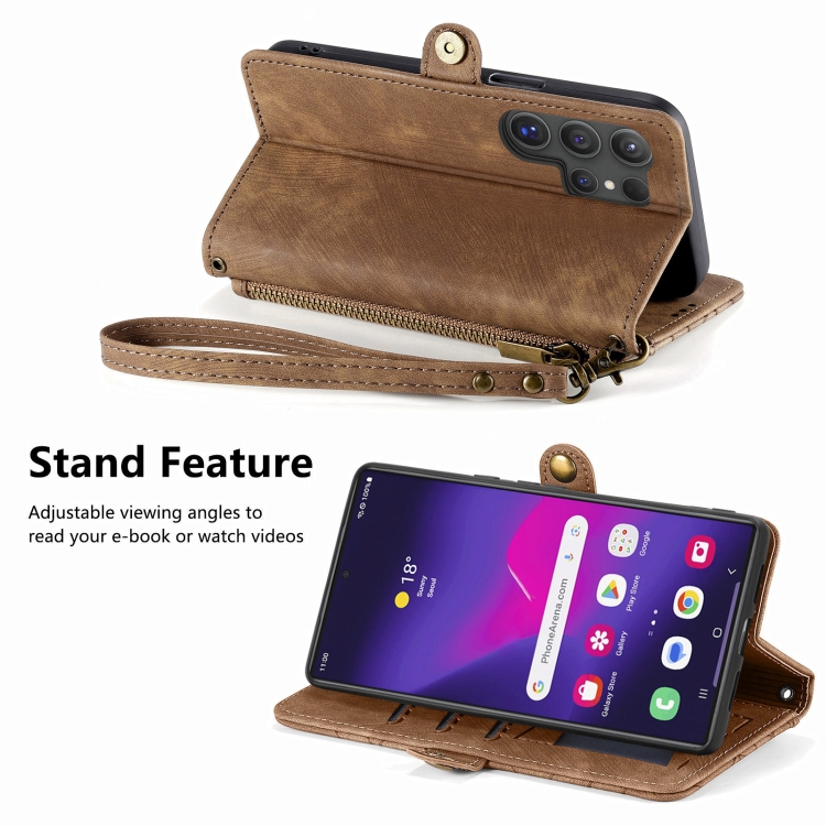 For Samsung Galaxy S24 Ultra 5G Geometric Zipper Wallet Side Buckle Leather Phone Case(Brown)