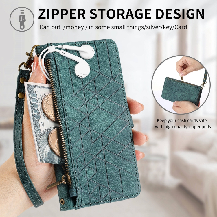 For Samsung Galaxy M52 5G Geometric Zipper Wallet Side Buckle Leather Phone Case(Green)
