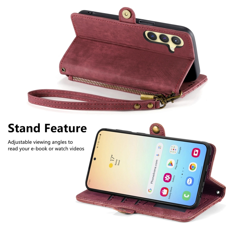 For Samsung Galaxy S25 5G Geometric Zipper Wallet Side Buckle Leather Phone Case(Red)