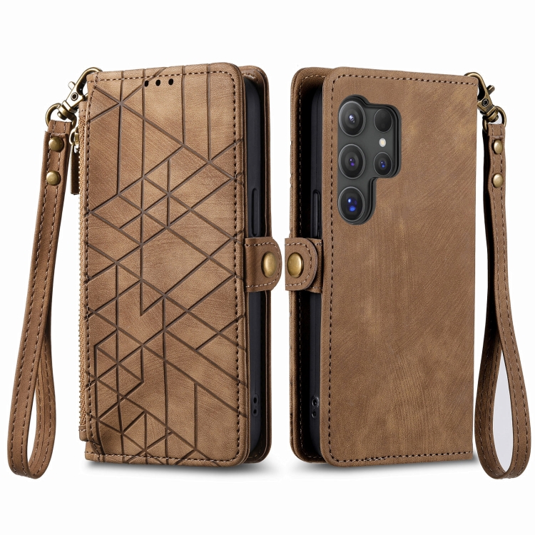 For Samsung Galaxy S25 Ultra 5G Geometric Zipper Wallet Side Buckle Leather Phone Case(Brown)