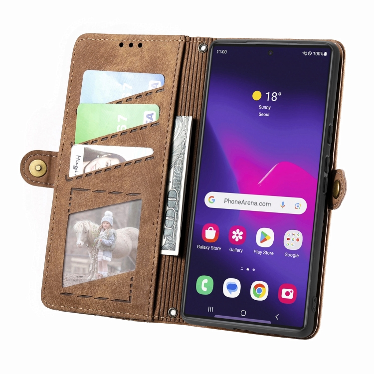 For Samsung Galaxy S25 Ultra 5G Geometric Zipper Wallet Side Buckle Leather Phone Case(Brown)