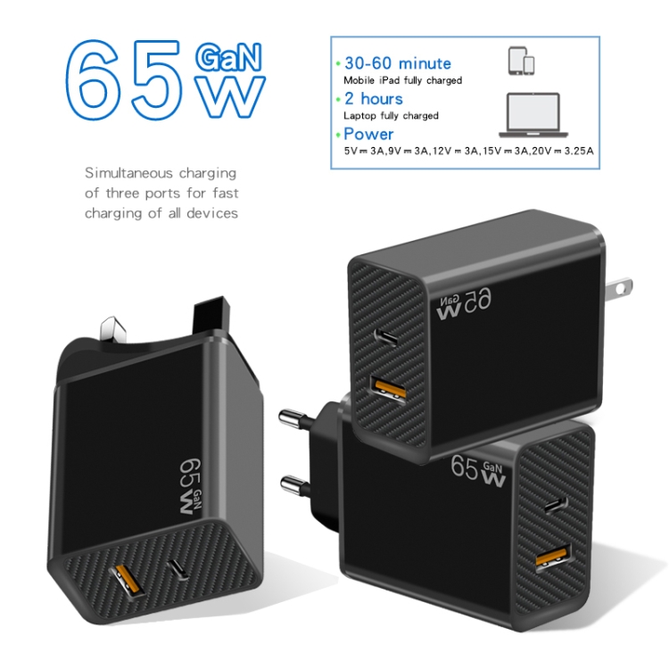GaN PD48W Type-C PD3.0 + USB3.0 Fast Charger ，US Plug(Black)