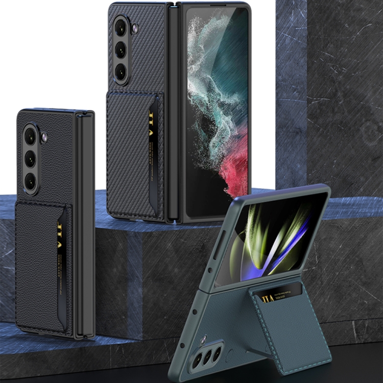 For Samsung Galaxy Z Fold5 5G Genuine Leather Plain Skin Card Slots Back Cover Phone Case(Carbon fiber) For Samsung Galaxy Z Fold5 5G Genuine Leather Plain Skin Card Slots Back Cover Phone Case(Carbon fiber)