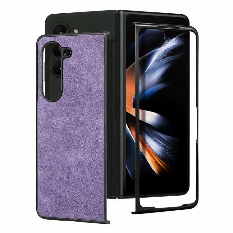 For Samsung Galaxy Z Fold5 JUNSUNMAY Retro Pattern Leather Skin PC Folding Phone Case(Purple) For Samsung Galaxy Z Fold5 JUNSUNMAY Retro Pattern Leather Skin PC Folding Phone Case(Purple)