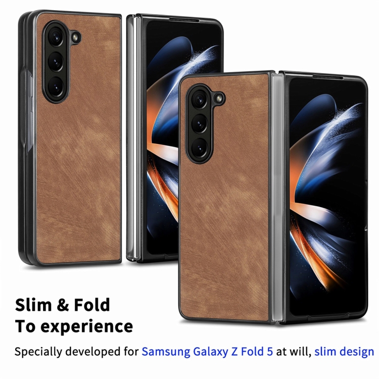 For Samsung Galaxy Z Fold5 JUNSUNMAY Retro Pattern Leather Skin PC Folding Phone Case(Purple) For Samsung Galaxy Z Fold5 JUNSUNMAY Retro Pattern Leather Skin PC Folding Phone Case(Purple)