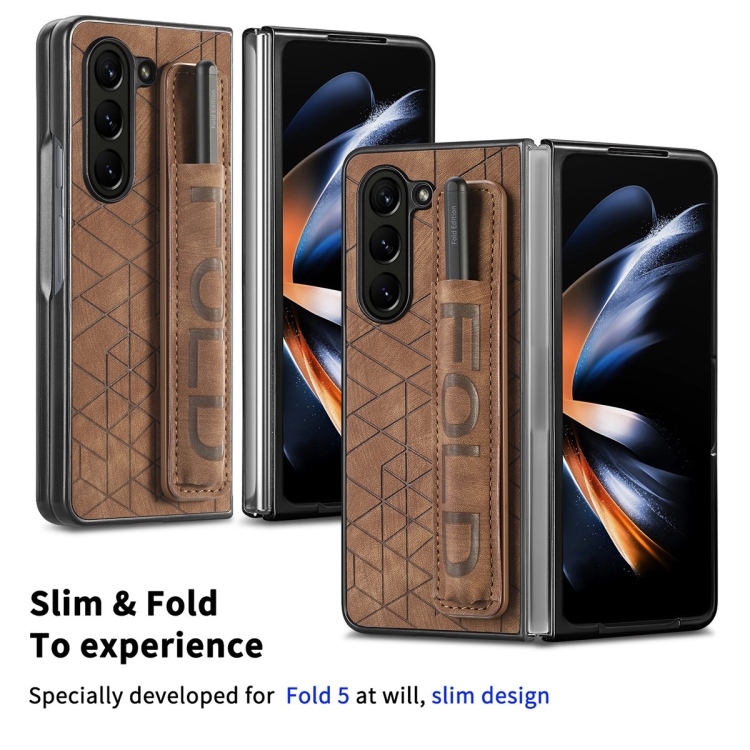 For Samsung Galaxy Z Fold5 JUNSUNMAY Retro Pattern Leather Skin PC Folding Phone Case with Pen Slot(Brown) For Samsung Galaxy Z Fold5 JUNSUNMAY Retro Pattern Leather Skin PC Folding Phone Case with Pen Slot(Brown)