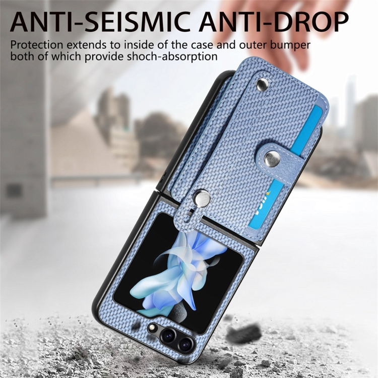 For Samsung Galaxy Z Flip6 JUNSUNMAY Carbon Fiber Pattern Leather Skin PC Folding Phone Case(Blue) For Samsung Galaxy Z Flip6 JUNSUNMAY Carbon Fiber Pattern Leather Skin PC Folding Phone Case(Blue)