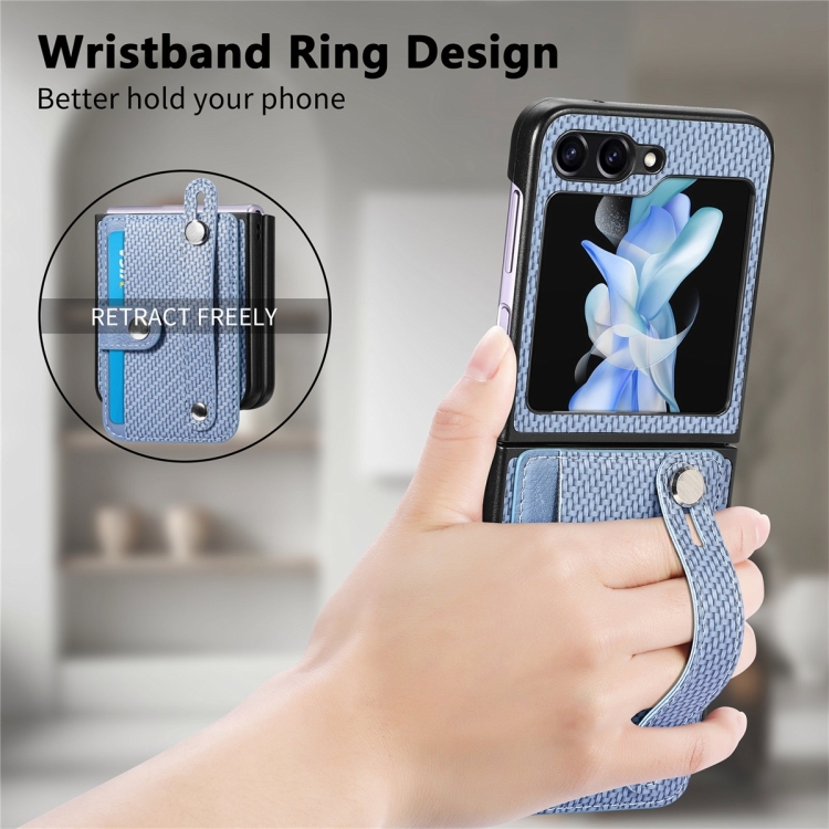 For Samsung Galaxy Z Flip6 JUNSUNMAY Carbon Fiber Pattern Leather Skin PC Folding Phone Case(Blue) For Samsung Galaxy Z Flip6 JUNSUNMAY Carbon Fiber Pattern Leather Skin PC Folding Phone Case(Blue)
