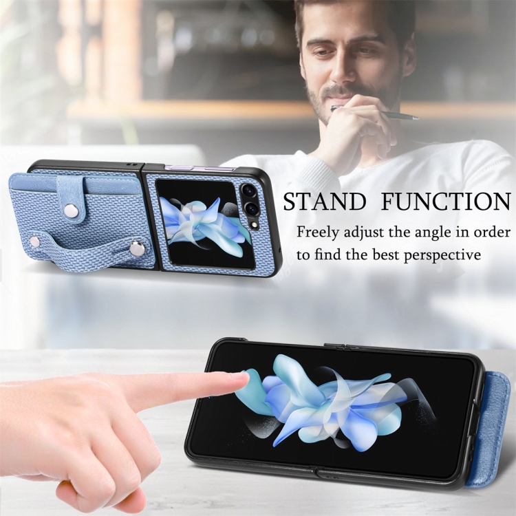 For Samsung Galaxy Z Flip6 JUNSUNMAY Carbon Fiber Pattern Leather Skin PC Folding Phone Case(Blue) For Samsung Galaxy Z Flip6 JUNSUNMAY Carbon Fiber Pattern Leather Skin PC Folding Phone Case(Blue)