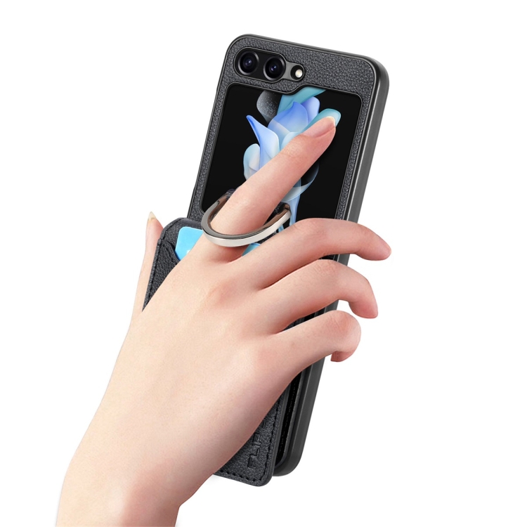 For Samsung Galaxy Z Flip6 JUNSUNMAY Litchi Leather Skin PC Folding Phone Case(Black) For Samsung Galaxy Z Flip6 JUNSUNMAY Litchi Leather Skin PC Folding Phone Case(Black)