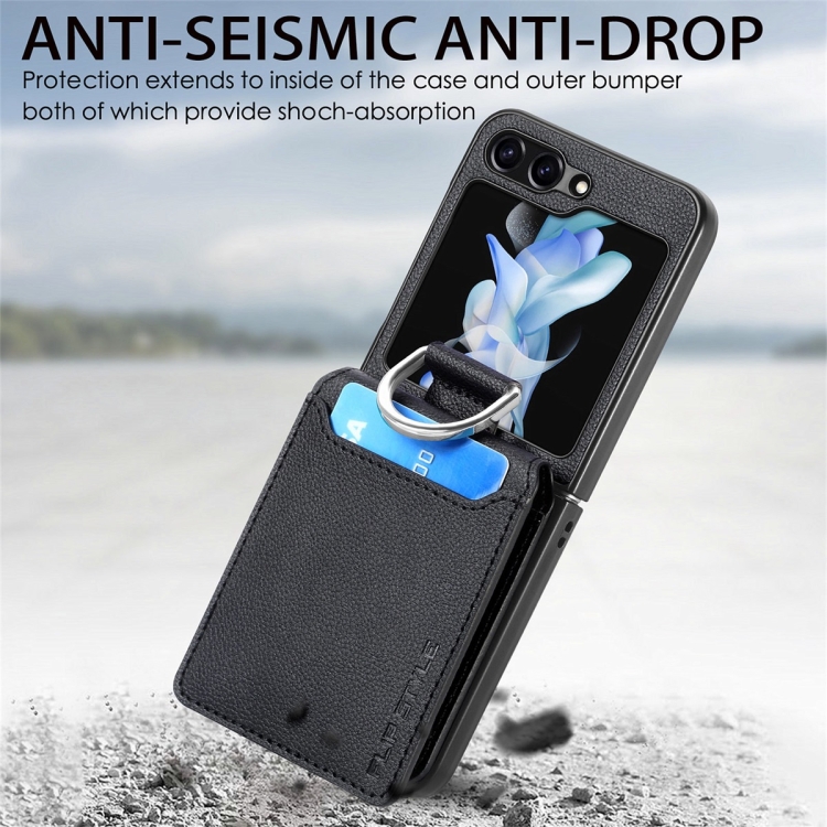 For Samsung Galaxy Z Flip6 JUNSUNMAY Litchi Leather Skin PC Folding Phone Case(Black) For Samsung Galaxy Z Flip6 JUNSUNMAY Litchi Leather Skin PC Folding Phone Case(Black)