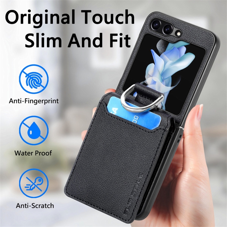 For Samsung Galaxy Z Flip6 JUNSUNMAY Litchi Leather Skin PC Folding Phone Case(Black) For Samsung Galaxy Z Flip6 JUNSUNMAY Litchi Leather Skin PC Folding Phone Case(Black)