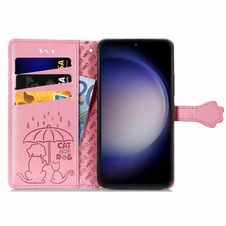 For Samsung Galaxy S23 FE 5G Cat and Dog Embossed Leather Phone Case(Pink) For Samsung Galaxy S23 FE 5G Cat and Dog Embossed Leather Phone Case(Pink)