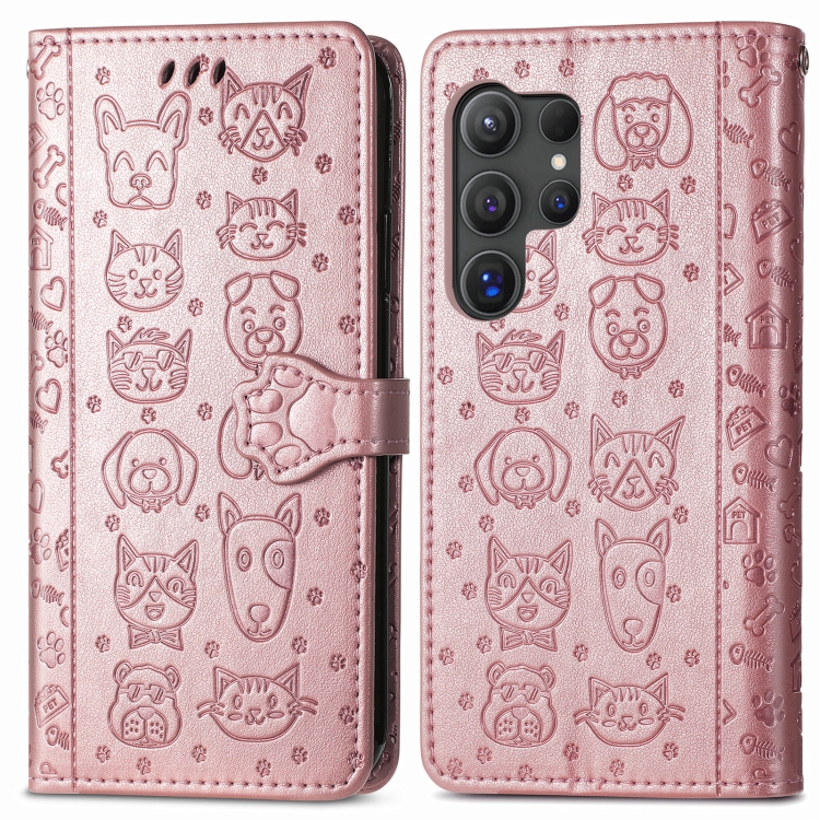 For Samsung Galaxy S24 Ultra 5G Cat and Dog Embossed Leather Phone Case(Rose Gold) For Samsung Galaxy S24 Ultra 5G Cat and Dog Embossed Leather Phone Case(Rose Gold)