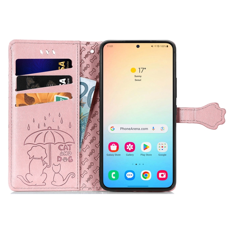 For Samsung Galaxy S25+ 5G Cat and Dog Embossed Leather Phone Case(Rose Gold) For Samsung Galaxy S25+ 5G Cat and Dog Embossed Leather Phone Case(Rose Gold)