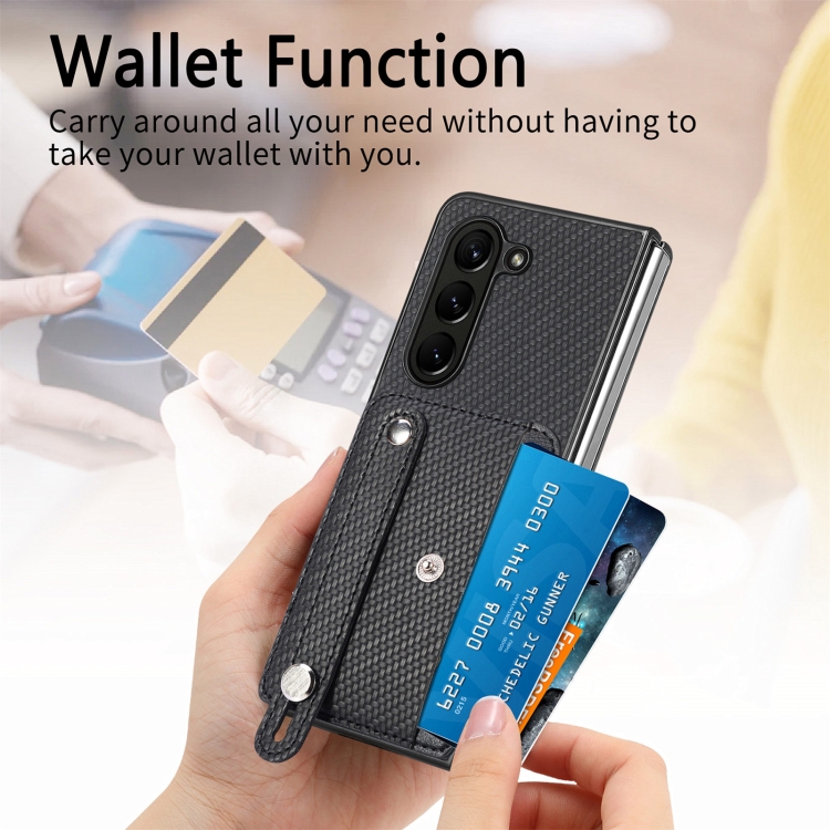 For Samsung Galaxy Z Fold6 Wristband Kickstand Card Wallet Back Cover Phone Case(Black) For Samsung Galaxy Z Fold6 Wristband Kickstand Card Wallet Back Cover Phone Case(Black)