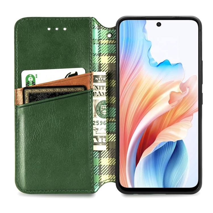 Para OPPO A79 5G / A2 5G Cubic Grid Funda de teléfono de cuero magnético  prensado (verde)