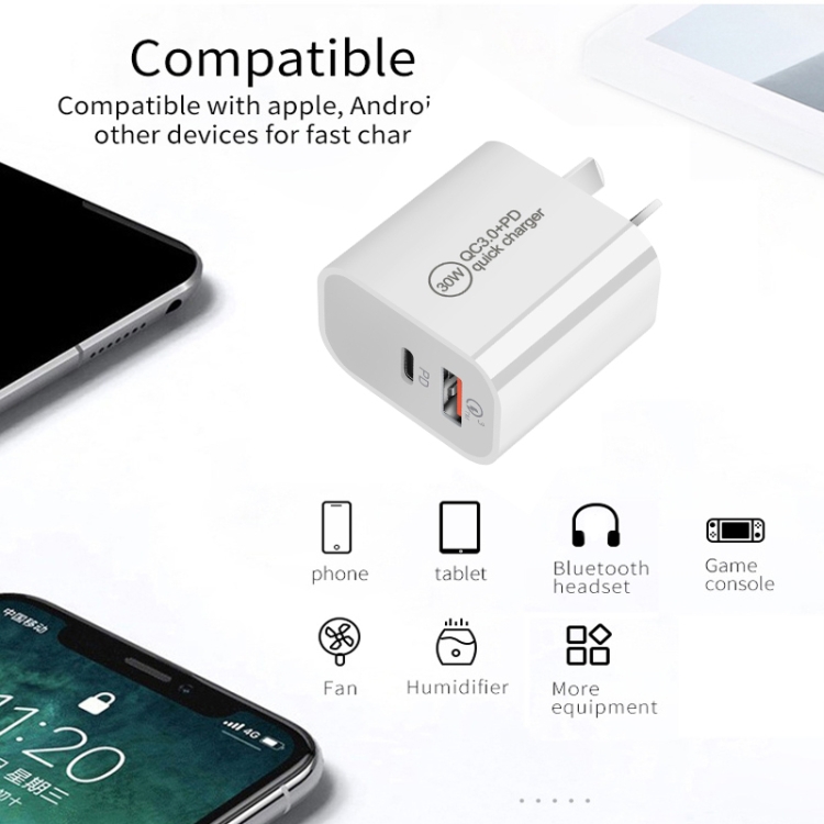 [HK Warehouse] PD30W USB-C / Type-C + QC3.0 USB Dual Port Charger, AU Plug