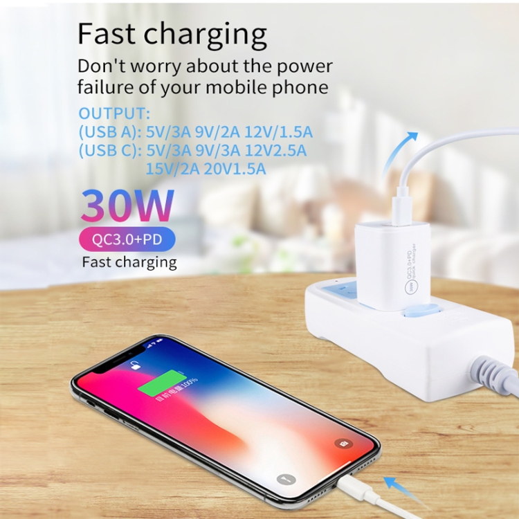 PD30W USB-C / Type-C + QC3.0 USB Dual Port Charger, Plug Size:AU Plug - B2