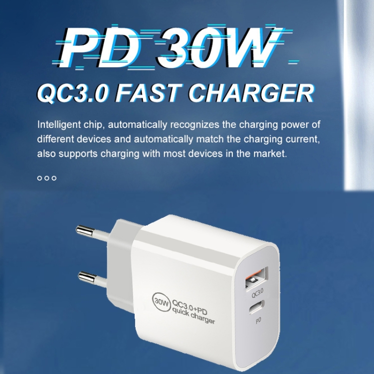 PD30W USB-C / Type-C + QC3.0 USB Dual Port Charger, Plug Size:AU Plug - B4