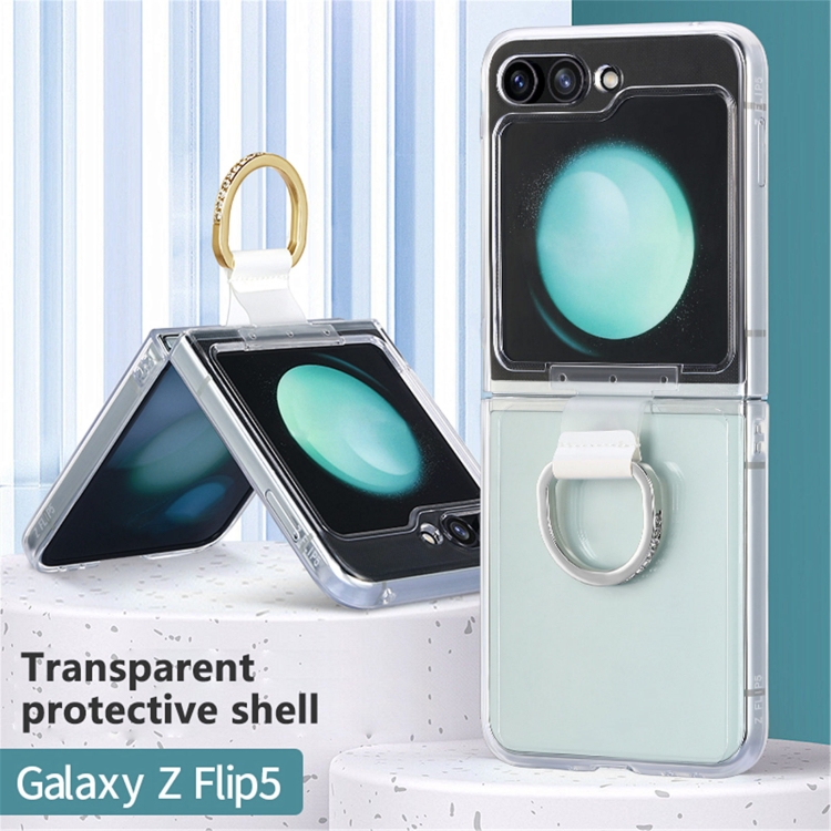 For Samsung Galaxy Z Flip5 5G Diamond-encrusted Ring Transparent PC Shockproof Phone Case(Gold) For Samsung Galaxy Z Flip5 5G Diamond-encrusted Ring Transparent PC Shockproof Phone Case(Gold)